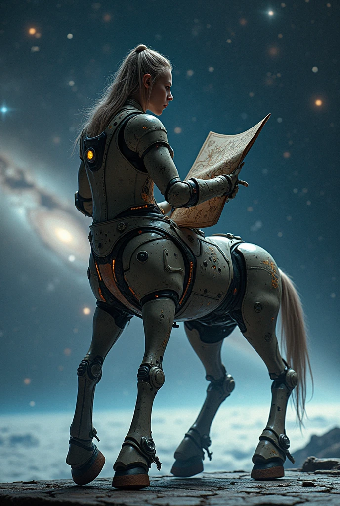 The upper body of a Centaur is an intelligent human figure.,Holding an ancient star map,The lower body is a mechanical horse body,Equipped with advanced thrusters,Standing on the deck of a spaceship,The background is the bright stars and distant galaxies。Professional photos, best quality,Ultra HD,masterpiece。
