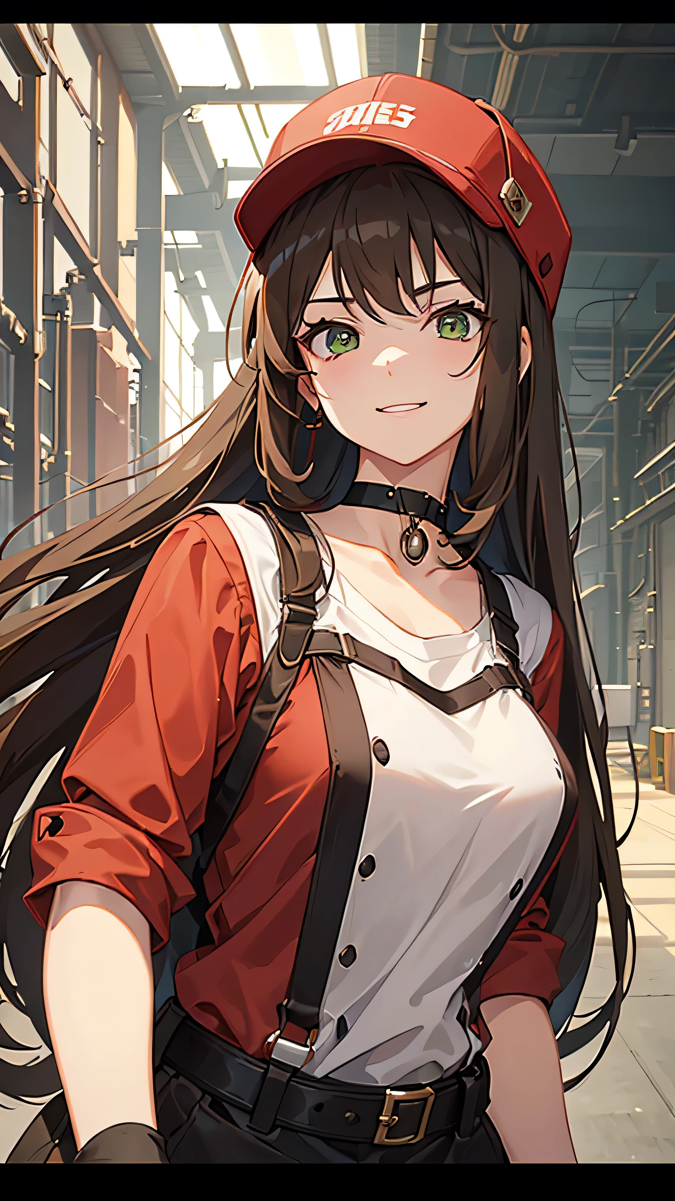 1 girl, long brown hair, green eyes, red shirt, (heartbeat design), black choker, white cap, gentle smile expression, ((background indoor industrial setting: factory: cogs)), [lightning:0.3], anime style, masterpiece, sharp focus, 8k