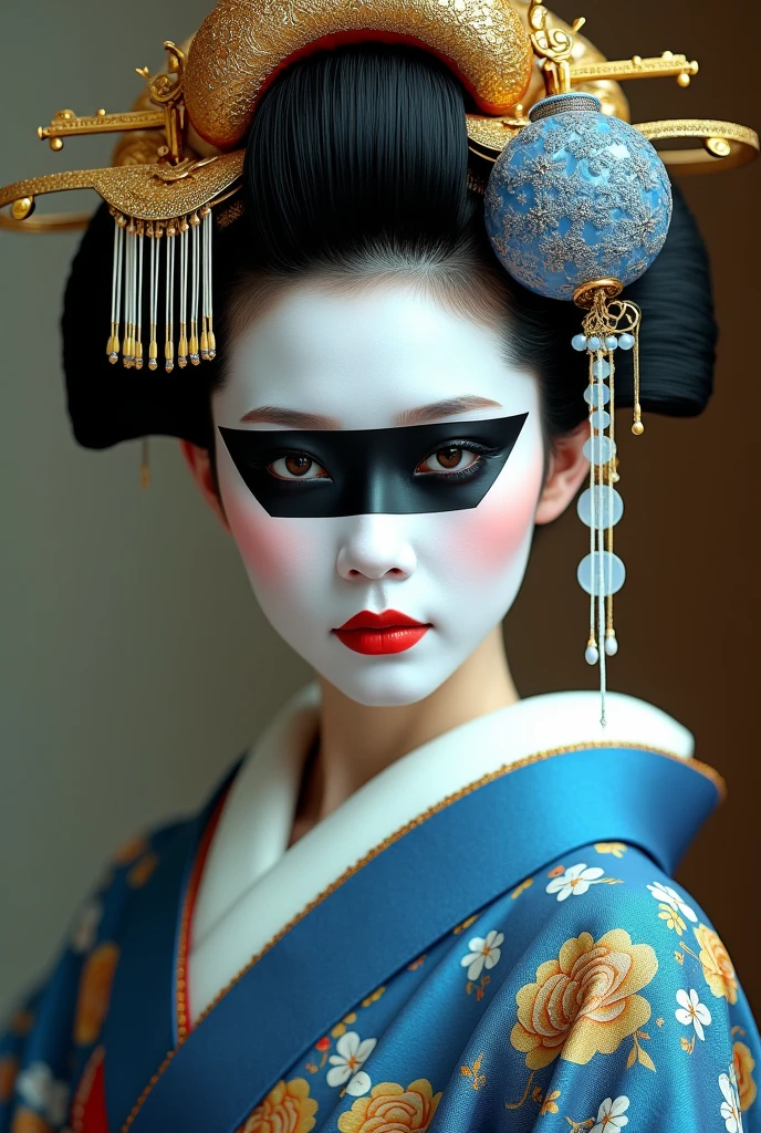 A stunning portrait of a geisha-inspired figure with a porcelain-like face. The subject wears an elaborate blue and gold headdress with intricate patterns and dangling ornaments. The face is painted white with a stark black geometric design covering one eye. Golden eyebrows and subtle facial features add to the ethereal beauty. The figure is dressed in a richly decorated blue and gold kimono with floral patterns. The background suggests a traditional Japanese setting. The image combines elements of traditional Japanese art with a modern, almost surreal aesthetic.