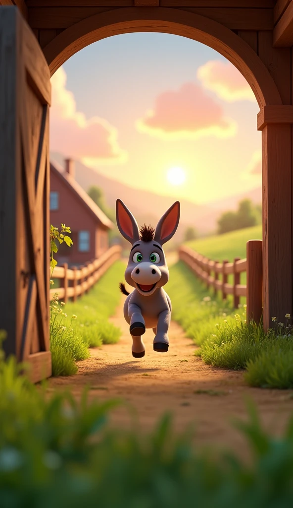 Draw a donkey rushing out of the stable towards the field on a farm. The farm should be picturesque and detailed, with green fields and a sunrise sky with soft orange and pink tones, in a 3D animated style.