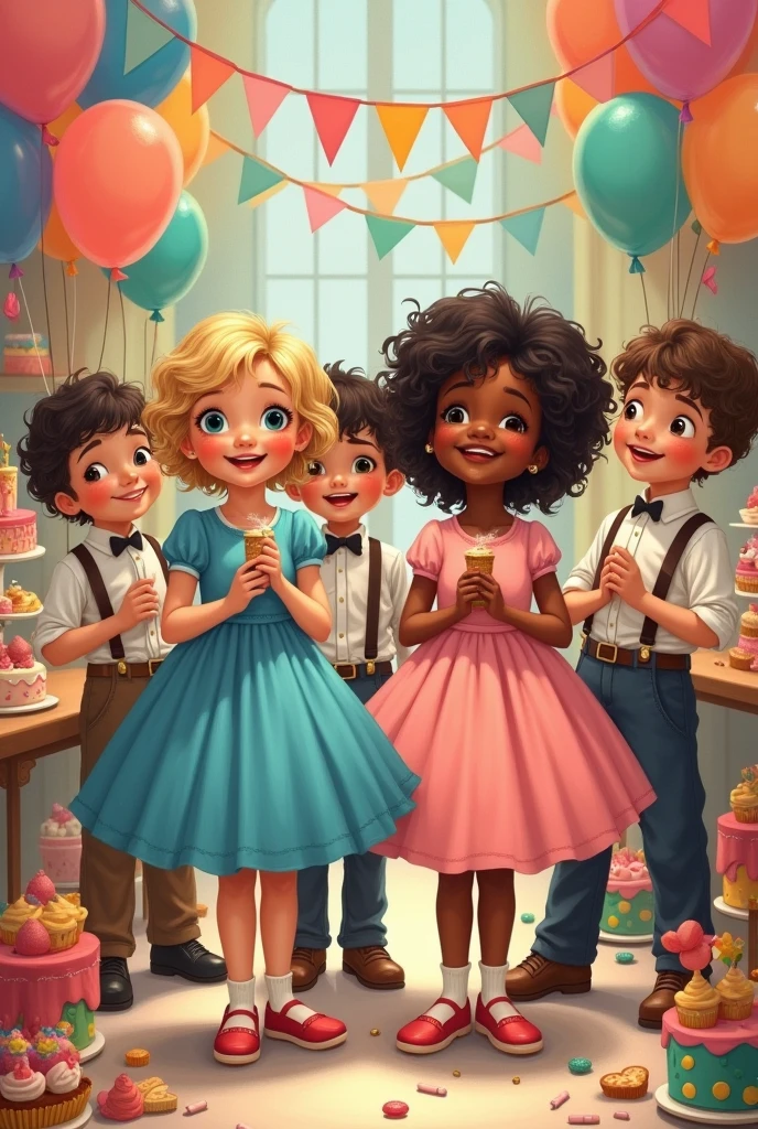 A party for children, two girls, one white with blonde hair and blue eyes, the other black with curly black hair, both wearing puffy dresses in blue and pink, and two boys, one white with curly black hair, the other black with straight brown hair, wearing a formal blouse, pants and suspenders, men's old clothes. Various sweets and various balloons, fruta, cakes and toys in the setting that they demonstrate joy and happiness