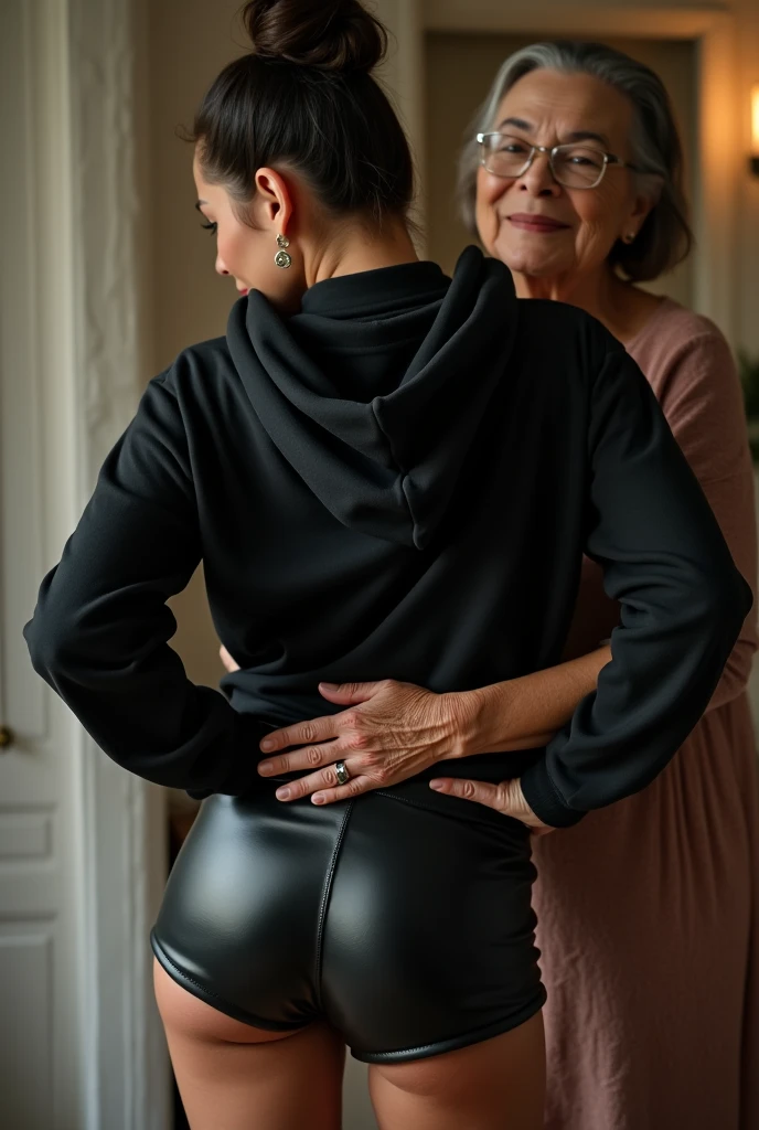 black woman hair in a bun black hoodie black leather short shorts being fucked in the ass by a old grandma in a dress