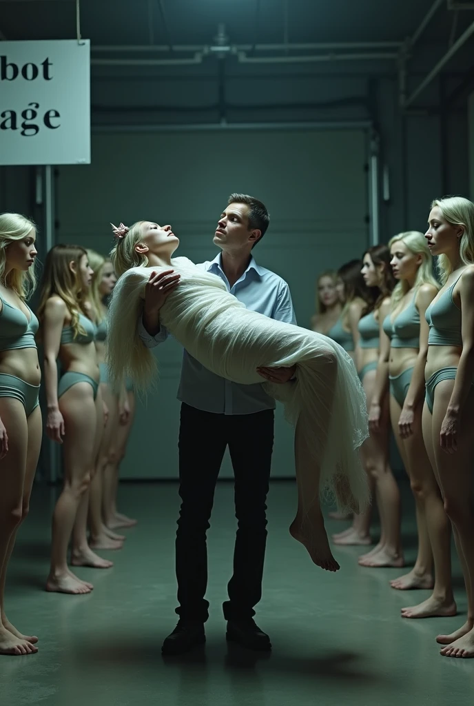 in a warehouse, A man is standing on the ground, carrying and lifting in his arms a beautiful young adult European blonde maid sexy and sleeping woman , Her body is wrapped in plastic and she has a gift bow on her head., The woman's body is stretched out and is on the ground, Full body view, Behind them there are several beautiful European women with different hairstyles in sexy lingerie standing in a row with their eyes closed covered with plastic, There is a sign hanging that says "ROBOT STORAGE", Excellent lighting, hyperrealistic quality image, high resolution