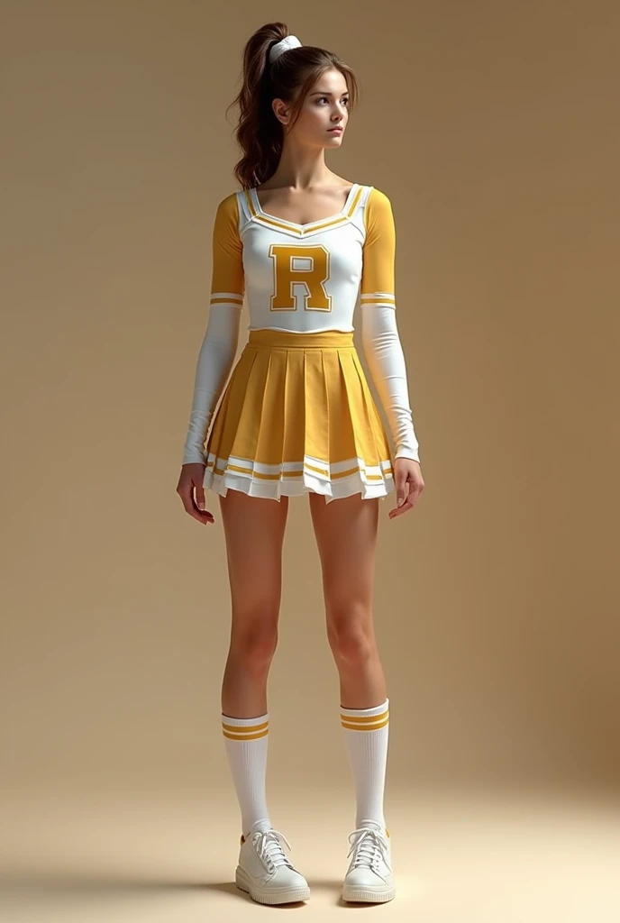 Make a cheerleader suit with gold and white colors longsleevewith R symbol make it elegant and beautiful with white socks and gold and brown stripes on it make the skirt look very demure and elegant make it look like the best and very beautiful