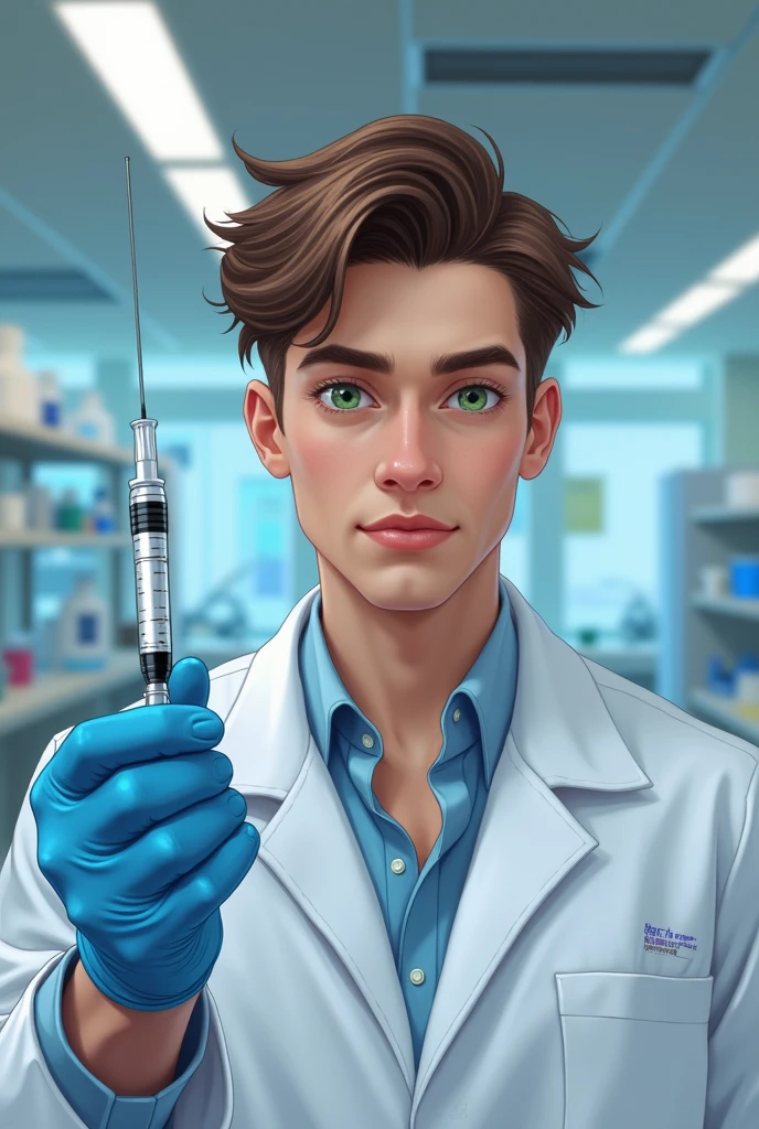 Young man brown hair green eyes lab coat and a syringe