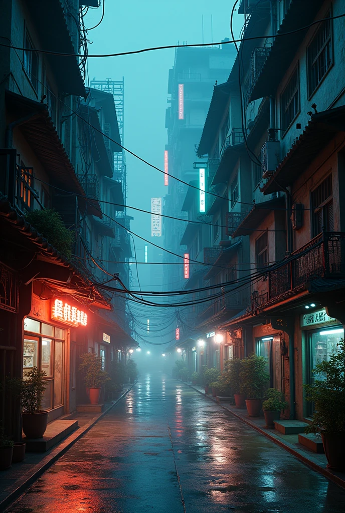 Cyberpunk city from sci-fi movie, empty street, night, chinoiserie buildings, old shop, irregular, circuit boards, wires, intricate, super detailed, realistic, hyper realistic, high quality, best, super detailed, crazy Detail, Very Detailed, Photorealistic, Epic Composition, Best Quality, 32k --v 6