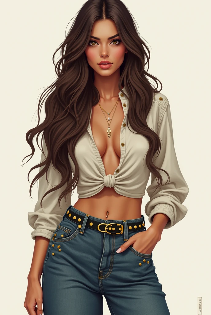like the second picture but with hair a little before the waist and wide jeans with golden studs and a piercing in the navel