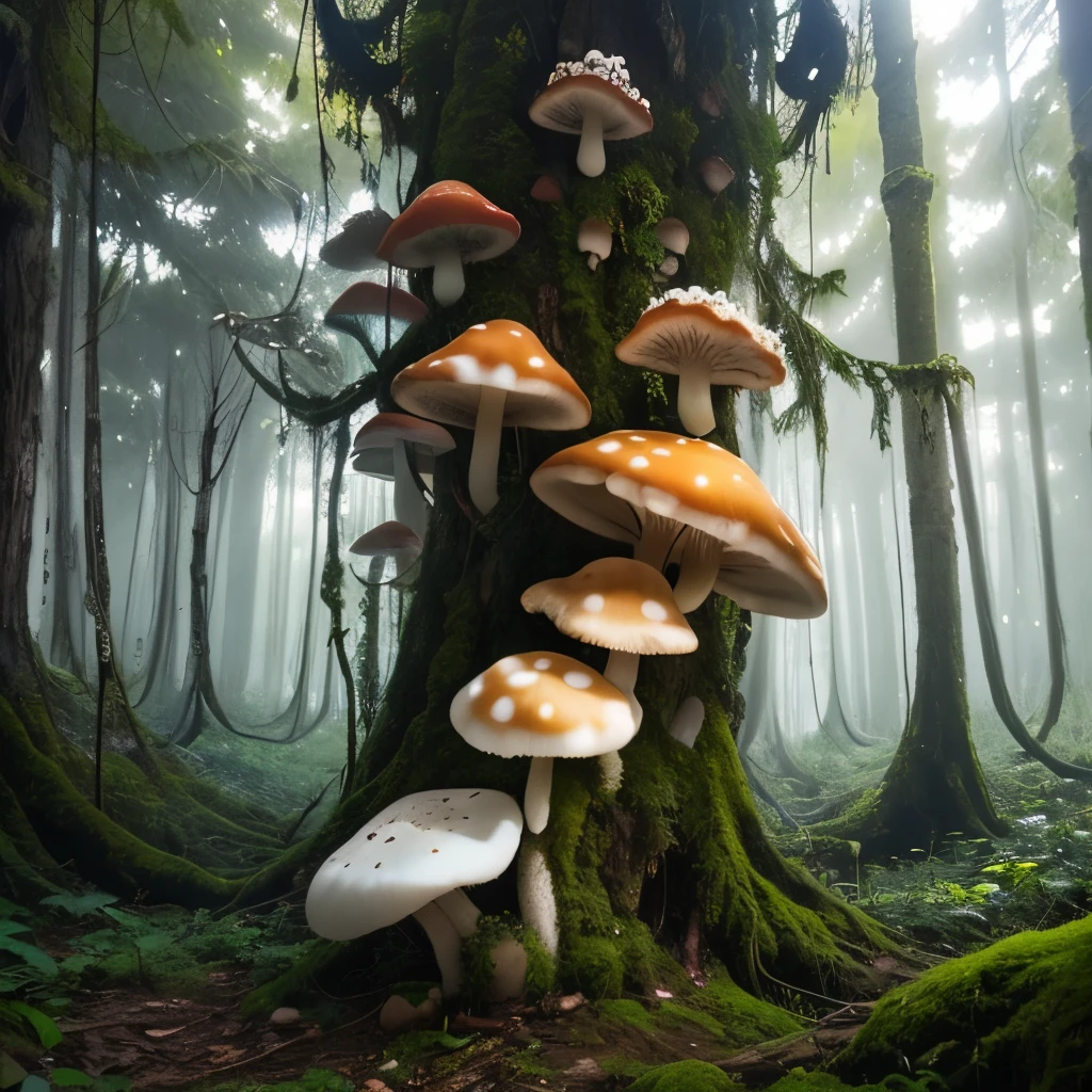 there are many mushrooms growing on the tree branch in the forest, a photo by Susy Pilgrim Waters, unsplash, land art, mushroom trees, overgrown with huge rare fungus, overgrown with funghi, mushrooms everywhere, psychedelic mushrooms, overgrown with exotic fungus, fungus, shrooms, fungi, fractal fungus, forest made out of mushroom