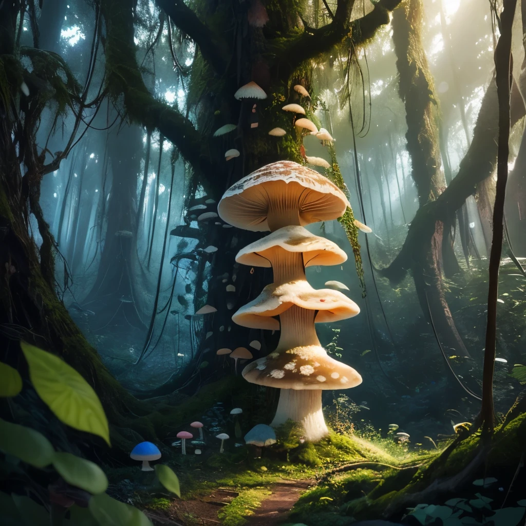 there are many mushrooms growing on the tree branch in the forest, a photo by Susy Pilgrim Waters, unsplash, land art, mushroom trees, overgrown with huge rare fungus, overgrown with funghi, mushrooms everywhere, psychedelic mushrooms, overgrown with exotic fungus, fungus, shrooms, fungi, fractal fungus, forest made out of mushroom