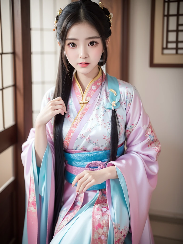face and thigh),
1girl, (picture of a person wearing a modern hanfu),
"with a fusion of traditional Chinese elements and contemporary fashion", (Hanfu costume),
(Hanfu dress),
in pastel colors,
made of silk and lace, large breasts, mole, blurry background