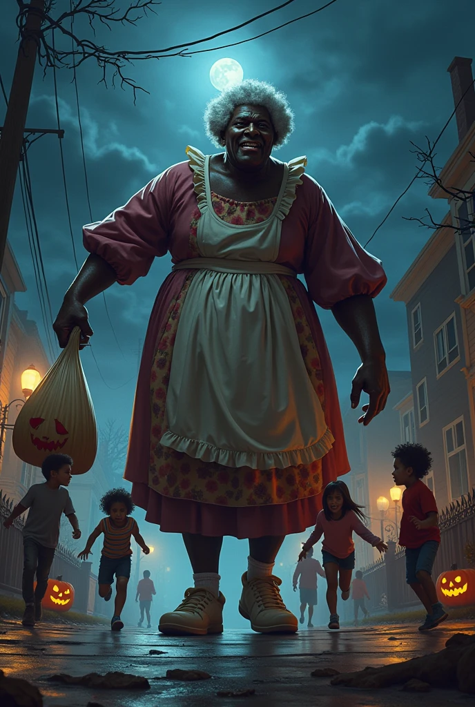 Tall black man dressed as a granny with a candy bag chasing and scaring childs in a halloween night