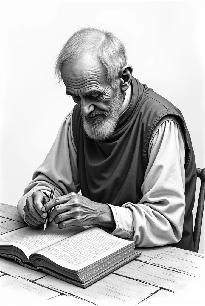 AN IMAGE ILLUSTRATED WITH BLACK AND WHITE PENCIL, FROM A PRIEST TURNING HIS BACK, old, GRAY-HAIRED AND THIN BUT VERY KIND, Studying
