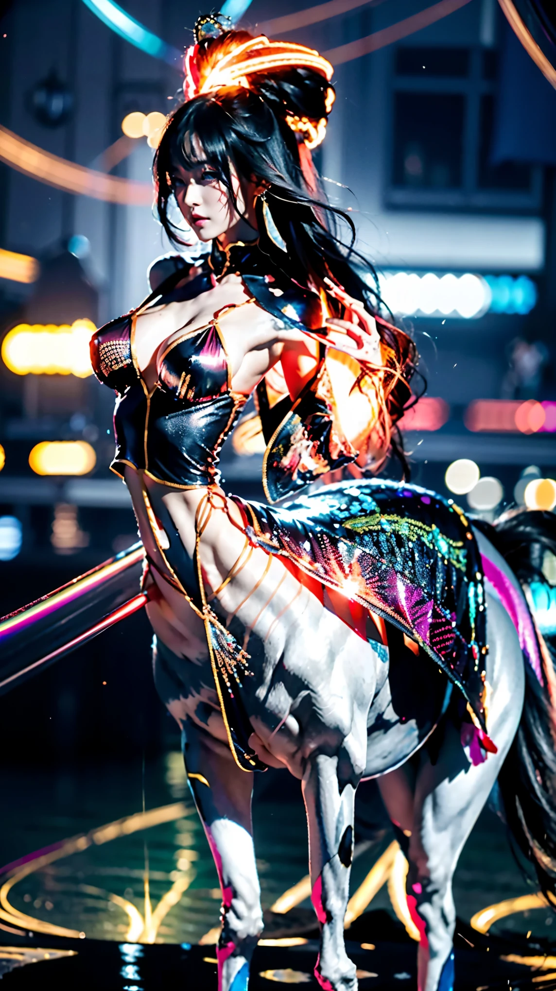 In the illustration of this super-grand scene,We enjoyed a fascinating sight,The various characteristics of the multiverse converge to fill the picture with brilliant colors。In this intoxicating scene,Our camera captured a mysterious(Centaur,Half man, half horse:1.875)Dancer,She was half-dressed,Graceful,Dance on the water。Her magic dance has many different styles of movements,And keep changing her clothing style,Blend in with the beauty of the surroundings,Adds an unpredictable charm to the whole scene。Dancer的舞蹈令人陶醉,Her rainbow cape flutters behind her like wings。This cape consists of different styles、color、Made from small parts of materials and styles,The extremely long train is gorgeous and elegant。Her dancing trajectory is accompanied by the glare effects of neon lights and magical stars,Sometimes, giant structures vaguely appear in the sky with lifelike outlines.,Mysterious and elegant, she always blends into the environment,Creates a stimulating atmosphere for the senses。Dancer拥有超高挑的身材和弧度超大的爆炸的曲线,Her body features are full of seductive sexiness。Her physical appearance includes::Mysterious K-cup Sizes(Super huge teardrop-shaped breasts:2.625)The bulge squeezes the tight plastic bra out of shape、Narrowed sternum and waist and abdomen、Charming face、Huge colored eyes of Carslan are troublesome and charming、Makeup、Slender neck、Beauty collarbone、Slender arms、Slender waist and abdomen、Round buttocks and slender long legs,Showcases attractive curves and lines。Use Midjourney's advanced brush tools、Color palettes and texture packs,我们为Dancer的面容、skin、Costumes and rainbow capes give intricate textures,增加了Reality的同时再次(Increase the super-giant teardrop chest contour multiple times and use optical effects to highlight the huge feeling:3.3),She also made her costume and cape blend different materials,Show a variety of styles,From evening gown、To the princess dress、Then to the light gauze dress、Or medical care、Ninja with Fishnet、and Urban Beauty,Full of creativity and fashion,It also makes the whole scene full of dreamy elements,There is an atmosphere of futuristic technology in the starry sky,There are towering cities in the ground,The floating bubbles are shining with neon runes,There are long beaches and small islands on the sea,Plants and fairy tale mythological scenes are intertwined,并让Dancer的舞姿与环境元素相互呼应,Creative。Through Midjourney's powerful tools,We approach it with incredible detail,Bring this grand and ethereal scene to life。整个插画充满了Reality和震撼力,是一幅具有Masterpiece quality和最佳质感的作品。Large wide angle,Ultra-telescopic lens, hdr,(Reality,Masterpiece quality,Best quality),