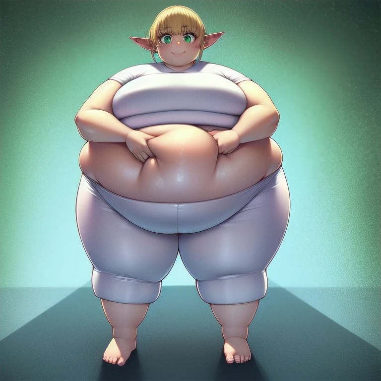 4K, high quality, 1 solo girl, detailed big eyes, obese erufuda, short hair, pointy ears, blonde hair, (green eyes:1.5), perfect body, white shirt, green pants, barefoot, braid, big butt, big breasts, cute, thick thighs, smile, POV,squeezing the belly