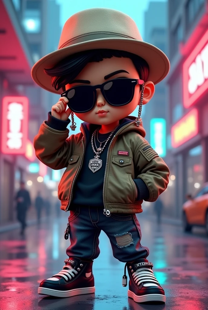 Urban、Stylized 3D character in streetwear fashion style。Characters、hat、sunglasses、hatは黒みがかったベージュ、Dressed in a camouflage jacket、The pants are camouflage baggy pants、Black high-cut boots、Includes。Charactersクールでタフな表情で自信に満ちたリラックスしたポーズ、Left hand on hip、右手をsunglassesに、With some metallic accessories such as chains and earrings、Emphasizes an edgy, modern look。The overall atmosphere is cool、Chibi Character、The background is a neon city、