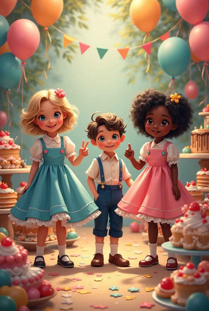 A party for children, two girls, one white with blonde hair and blue eyes, the other black with curly black hair, both wearing puffy dresses in blue and pink, and two boys, one white with curly black hair, the other black with straight brown hair, wearing a formal blouse, pants and suspenders, men&#39;s old clothes. Various sweets and various balloons, fruta, cakes and toys in the setting that they demonstrate joy and happiness 