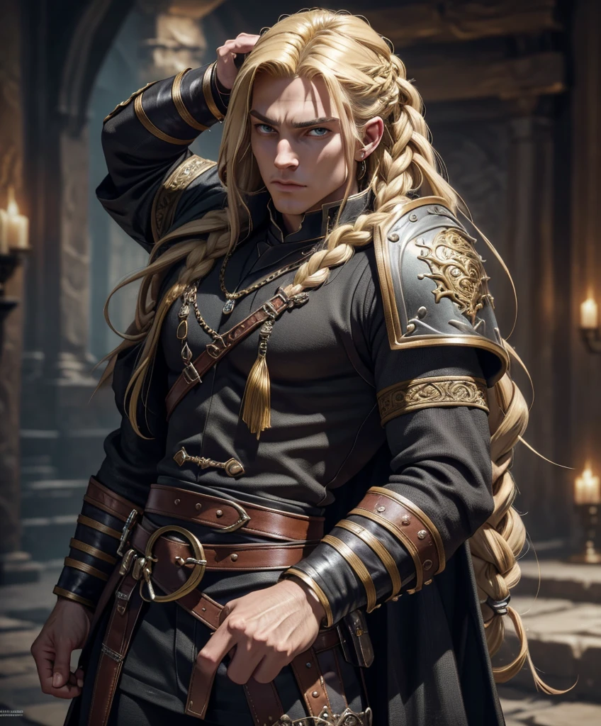 Very attractive and intriguing male fantasy character Male D&D character with long blond hair in long male braids. Very fierce and masculine. Stylish hair. Looks like a muscular, handsome hero. Attractive features. Handsome face. Medieval fantasy attire. Intense stare. Large muscles. Ideal physique. Dashing hero. hyper detailed, gothic art, intricate details, ultra detailed, ultra detailed clothes, epic masterpiece, ultra detailed, intricate details, award winning, fantasy art concept masterpiece, trending on Artstation, digital art, unreal engine, 8k, ultra HD, centered image