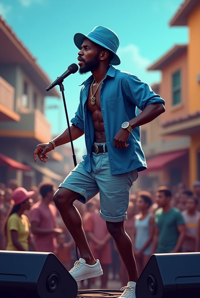 Full Body of a Caribbean Black Man with olive skin, 
Dancehall Music Singer, Blue Color bucket Hat, a blue shirt, taking a singing position with one microphone in his Hand,one feet on a woofer, against two soundsystem subwoofers as if he is singing in reality, People are watching him, summer clothes, bokeh background, caribbean outdoors background, attire,3D effect through expert shading, smooth textures, vivid colors, Hourglass Shape,16k, digital art