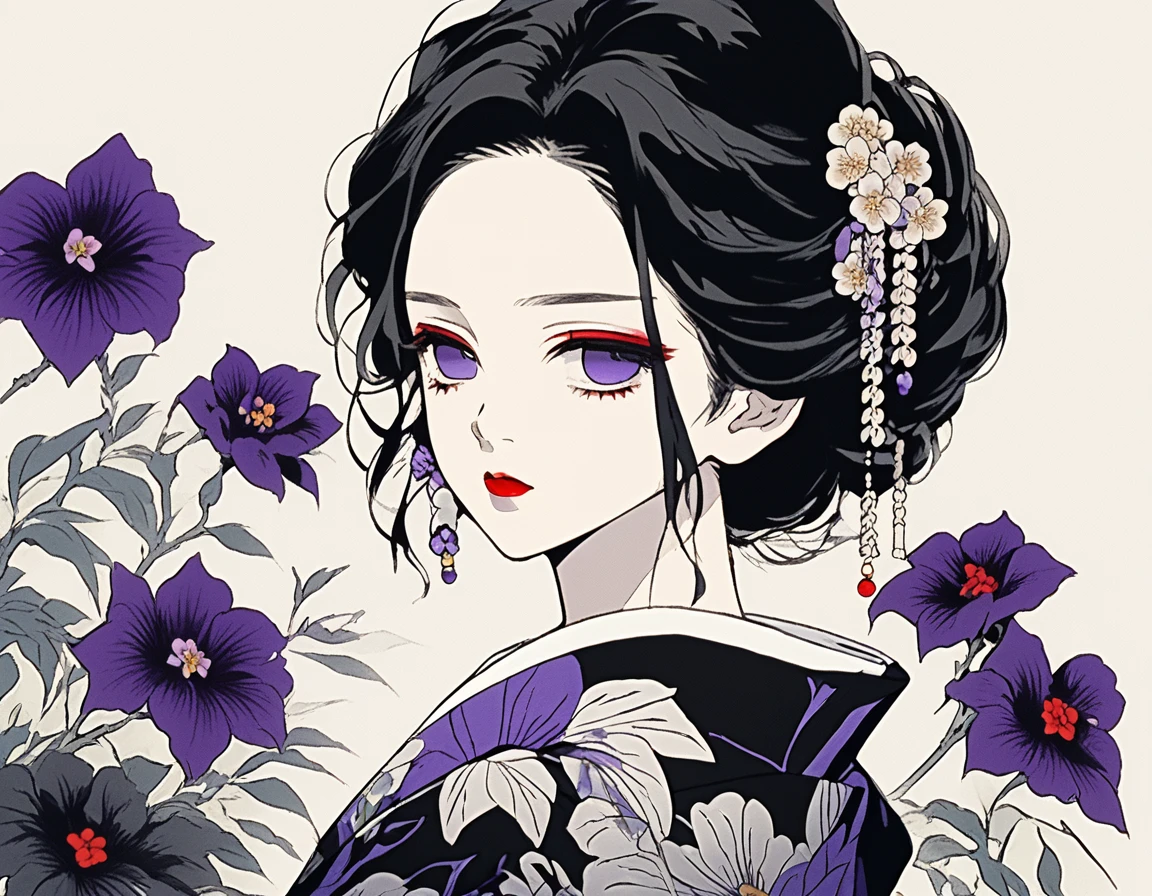 (Highest quality, sketch:1.2),Genuineistic,Illustrator,anime,1 girl, Detailed lips,custom,,Neon Hair,Texture Clipping,masterpiece, style: Retro Classic, Dark Black、、Black Hair、Fair skin、Genuine、cute、Purple eyes、Black kimono、A beautiful woman、アップstyleの髪、Gradient Background、Beautiful flowers bloom around her、Red lips、Black kimonoに赤い椿の柄、Red lips、Black kimonoに赤い椿の柄、Red lips、Black kimonoに赤い椿の柄、Red lips、Black kimonoに赤い椿の柄、Red lips、Black kimonoに赤い椿の柄、Red lips、Black kimonoに赤い椿の柄、Red lips、Black kimonoに赤い椿の柄、Red lips、Black kimonoに赤い椿の柄