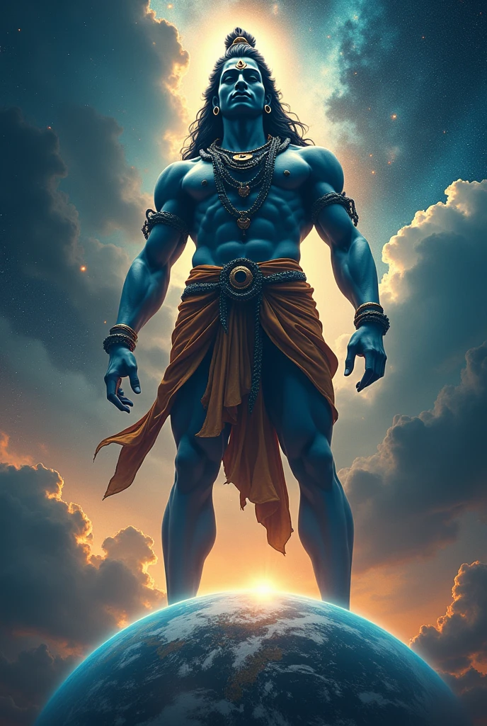 Create a hyper-realistic image of Lord Shiva, depicted as an enormous divine figure, towering over the Earth. He should be standing in space, with his feet barely touching the planet, emphasizing his immense size. The Earth appears small compared to his gigantic form. Lord Shiva is adorned in traditional attire, with a tiger skin around his waist, serpents coiled around his neck, and the crescent moon in his matted hair. His third eye is prominently visible on his forehead, radiating energy. The background should feature the vastness of space with stars and galaxies, highlighting the divine and cosmic nature of Lord Shiva's presence. The lighting should give the scene a mystical and awe-inspiring atmosphere.