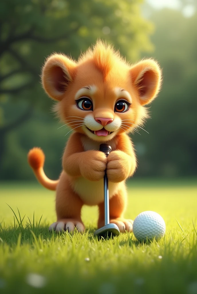 lawn,A lion cub playing golf,