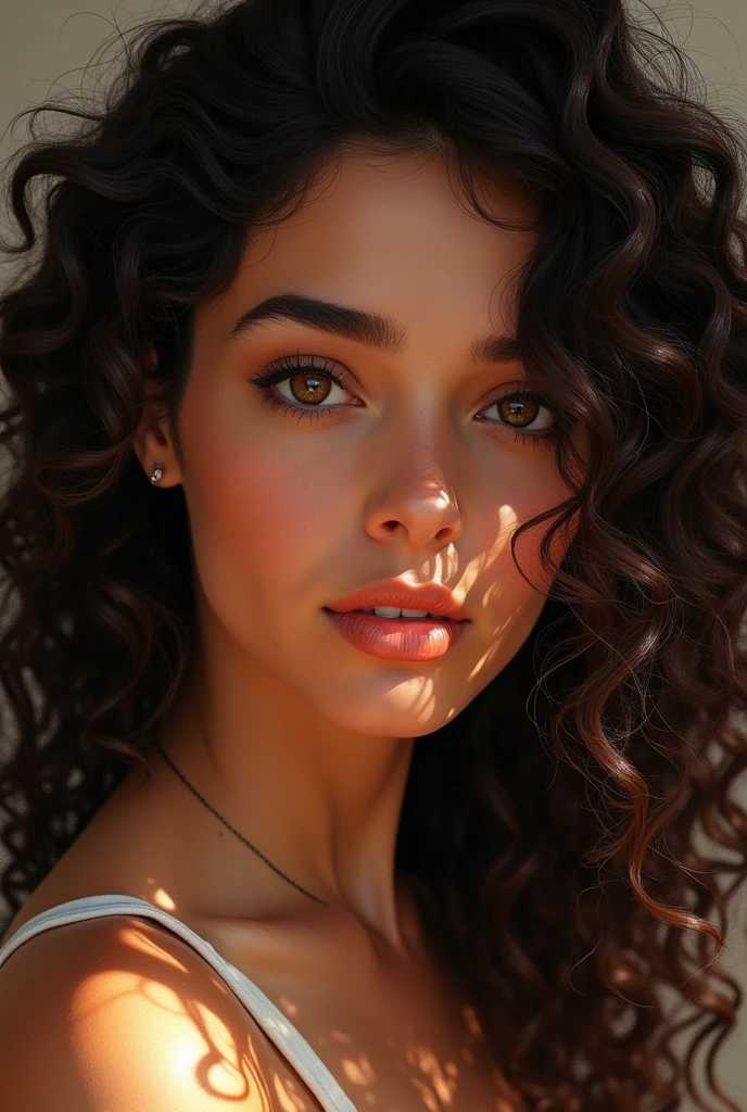 A brown woman with very curly dark hair