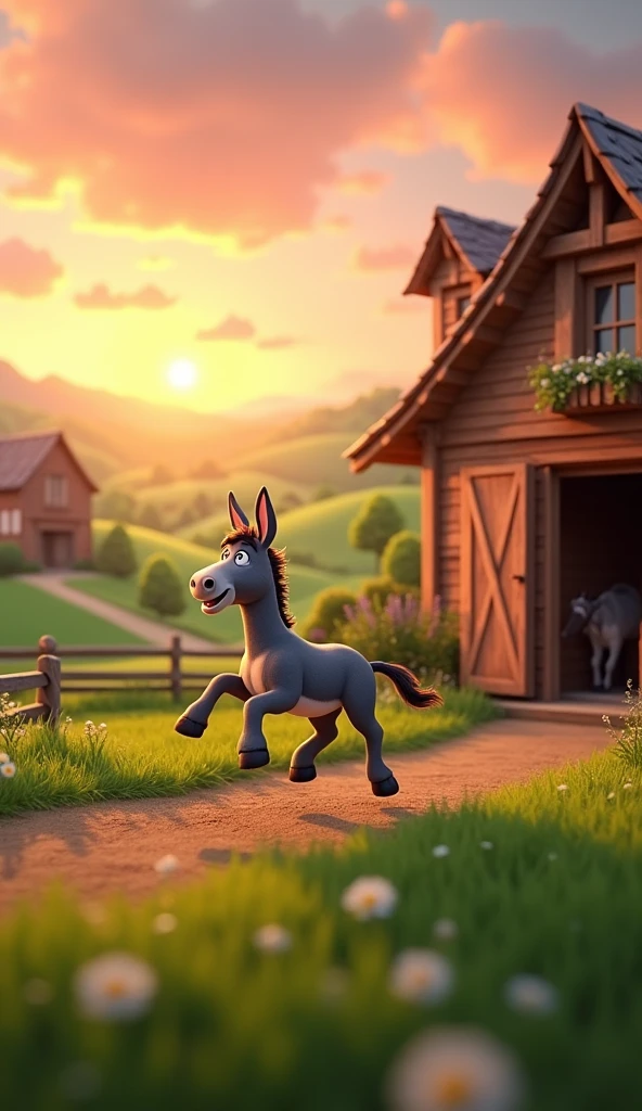 Draw a donkey on his back rushing out of the stable towards the field on a farm. The farm should be picturesque and detailed, with green fields and a sunrise sky with soft orange and pink tones, in a 3D animated style.