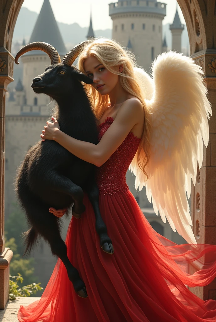 A very beautiful angel in a transparent red dress is hugging a black goat in the castle.
