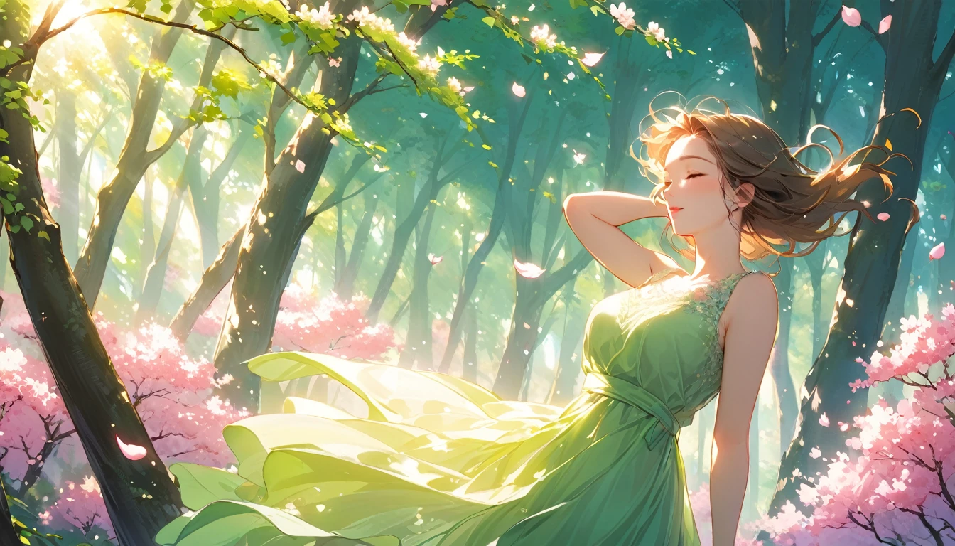 An exquisite ink art of a young woman standing gracefully in a lush, sunlit forest. She is surrounded by blooming cherry blossom trees, with petals gently floating in the air. The woman wears a flowing, pale green dress that sways in the breeze as she tilts her head back, enjoying the warmth of the sunlight filtering through the trees. The atmosphere is peaceful, with soft light and vibrant colors creating a dreamlike, springtime ambiance