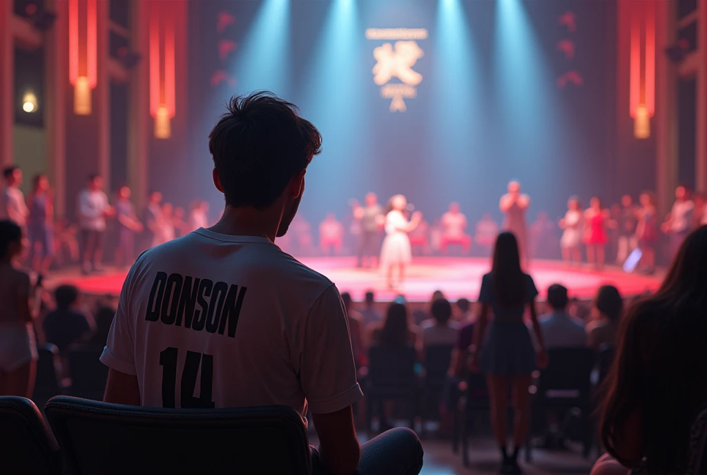 (Photorealism:1.2), (Format 16:9)
Man sitting in front of a large public space, He is wearing a shirt that says DONSON14, In front of a beautiful girl、Singing in front of an audience,