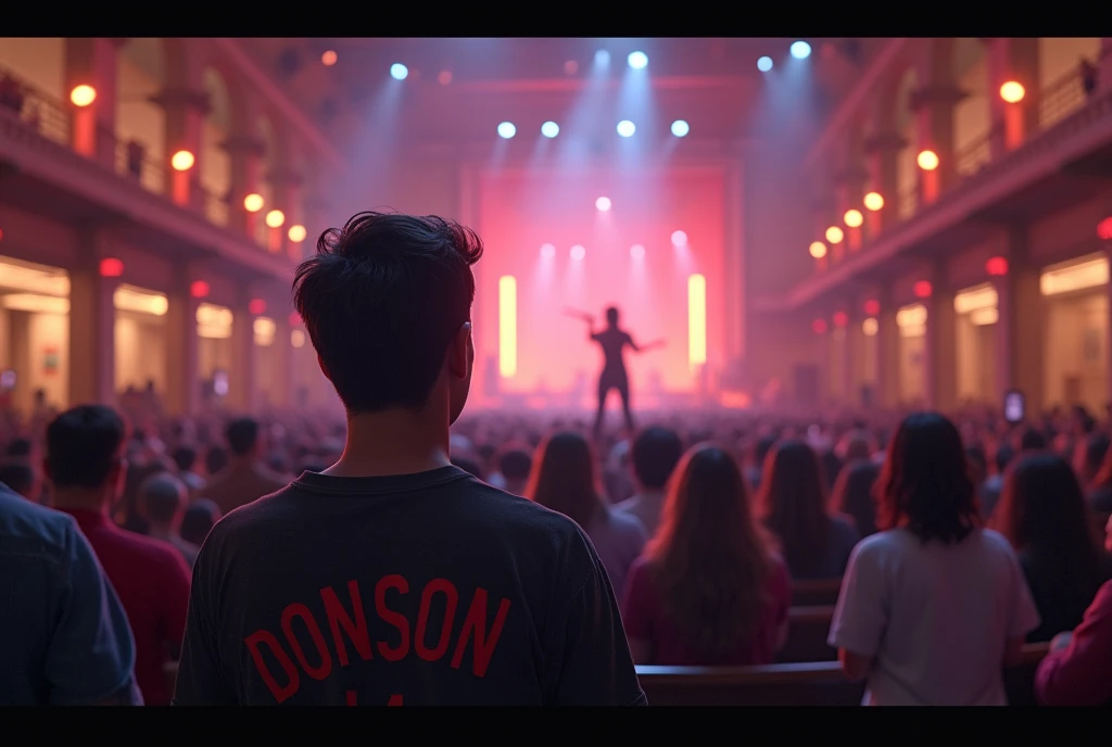 (Photorealism:1.2), (Format 16:9)
Man sitting in front of a large public space, He is wearing a shirt that says DONSON14, In front of a beautiful girl、Singing in front of an audience,