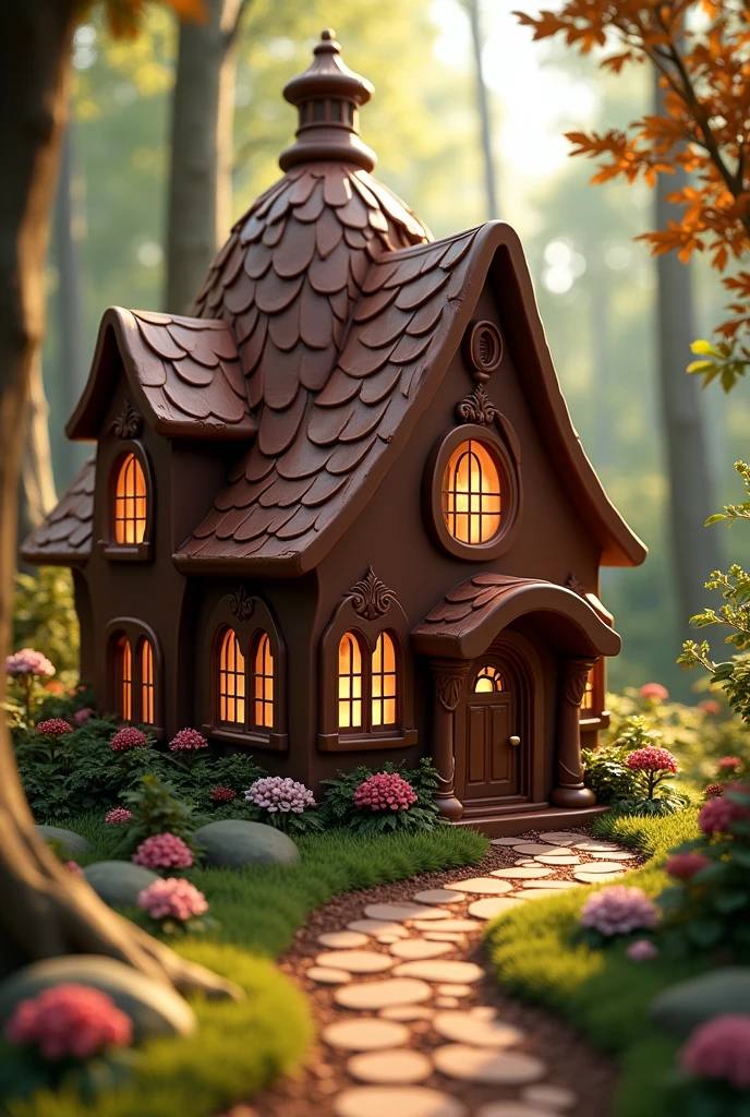 masterpiece, best quality, extremely detailed, hyperrealistic, photorealistic, (house made of chocolate), chocolate world, chocolate door, chocolate windows, chocolate roof, at a forest, solar lighting