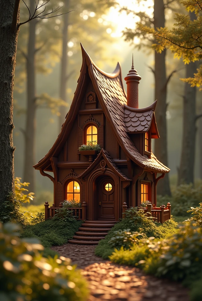 masterpiece, best quality, extremely detailed, hyperrealistic, photorealistic, (house made of chocolate), chocolate world, chocolate door, chocolate windows, chocolate roof, at a forest, solar lighting
