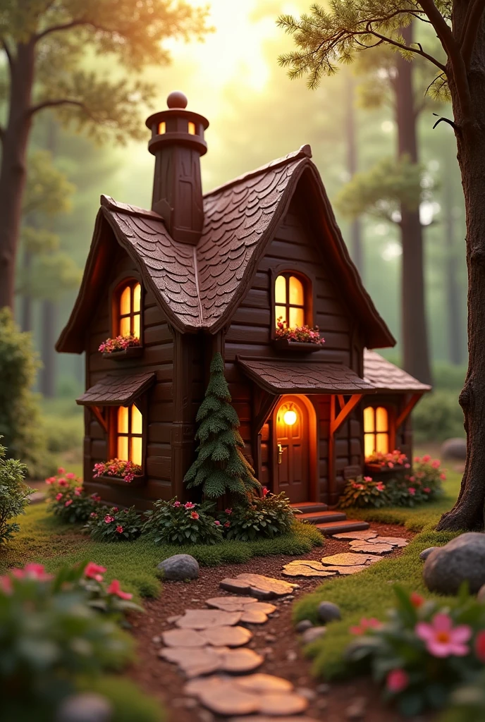 masterpiece, best quality, extremely detailed, hyperrealistic, photorealistic, (house made of chocolate), chocolate world, chocolate door, chocolate windows, chocolate roof, at a forest, solar lighting