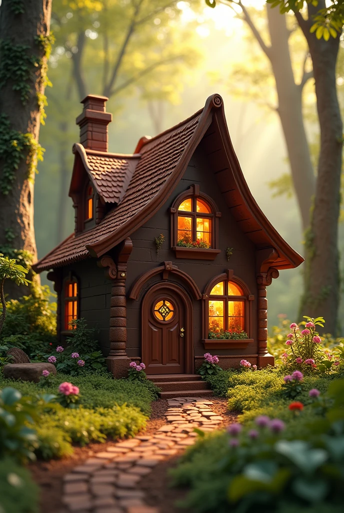 masterpiece, best quality, extremely detailed, hyperrealistic, photorealistic, (house made of chocolate), chocolate world, chocolate door, chocolate windows, chocolate roof, at a forest, solar lighting