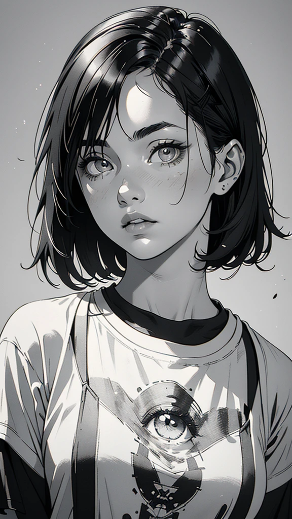 1 boyish girl, solo, sharp eyes, monochrome, greyscale, short black hair, portrait, white T-shirt, Thin eyebrows, closed mouth, looking at viewer, graphite \(medium\), detailed lips, hatching \(texture\), without makeup, bangs, upper body, (best illustration), (best quality), (very detailed), (masterpiece), expressionless,