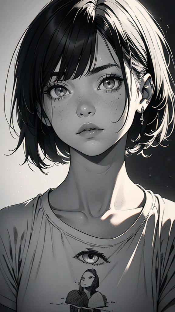 1 boyish girl, solo, sharp eyes, monochrome, greyscale, short black hair, portrait, white T-shirt, Thin eyebrows, closed mouth, looking at viewer, graphite \(medium\), detailed lips, hatching \(texture\), without makeup, bangs, upper body, (best illustration), (best quality), (very detailed), (masterpiece), expressionless,