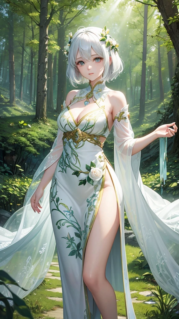 "Create a digital anime style illustration of a beautiful forest goddess。, Short White Hair. She wears a detailed full-body white dress decorated with leaf and floral patterns., Perfect for a fantasy theme. The dress design is active and does not expose the skin.., Cover with additional fabrics and natural elements such as leaves and vines. Characters should have an elegant and mature appearance, like fairies., Look around 2, A calm look with expressive eyes. There is a rich background, A mysterious forest woven with soft light and shining plants, Enhance the mystical atmosphere."