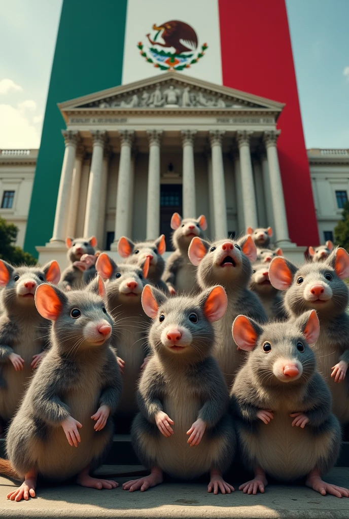 People in rat costumes at the Supreme Court of Justice with the Mexican flag in the background