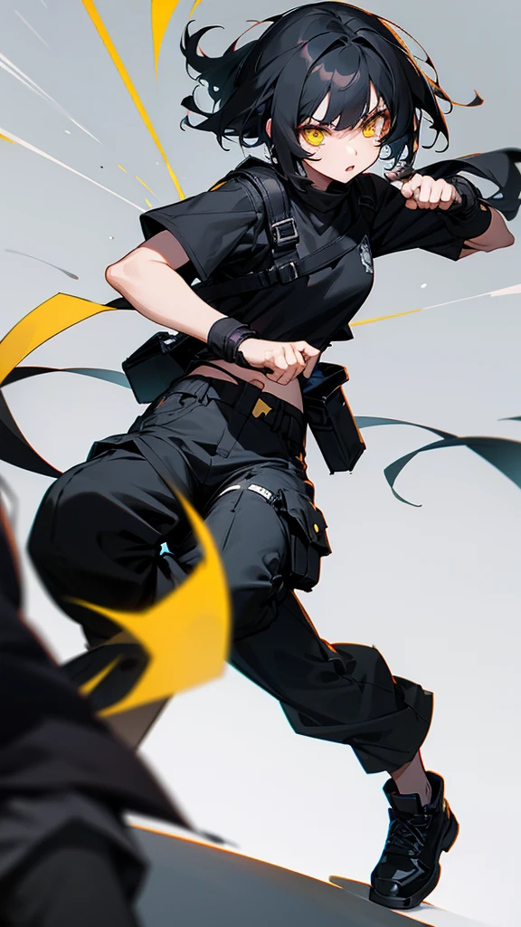 girl with black hair and yellow eyes with a black cropped shirt and black cargo pants and black fingerless gloves and black and white shoes in a fighting style