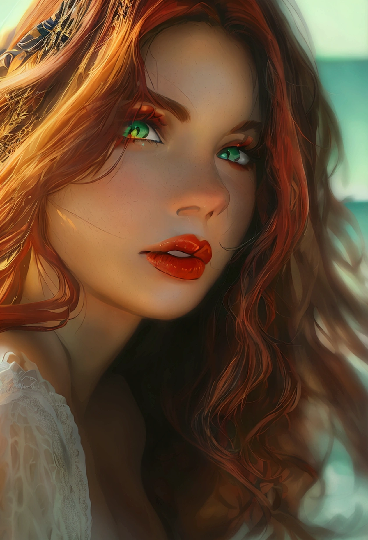 A very attractive and beautiful naked woman with long curly red hair down to her waist, green eyes and red lips, posing by the sea.