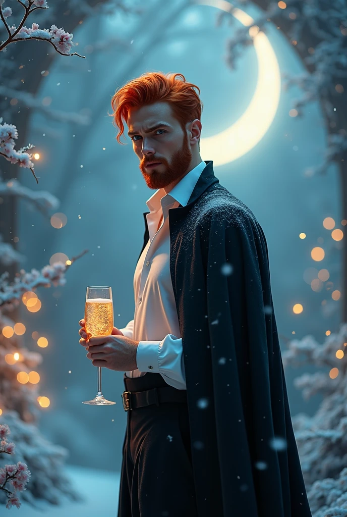 absurderes, high resolution, ultra detaild, HDR, work of art, best qualityer, extremely detaild, flegs, Red hair, expressive red eyes, weak beard, one piece, standing alone, sexy man, bonitas, black cloack, white shirt, fancy, sparkling wine, Glace glittering fireflies, Glace moon, Glace, Glace chrysanthemums, blue sparkling wine lights, magical, snowing, Glace style