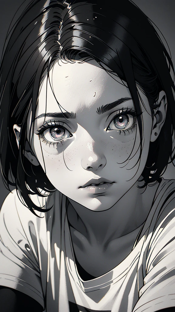1 boyish girl, solo, sharp eyes, monochrome, greyscale, short black hair, portrait, white T-shirt, Thin eyebrows, closed mouth, looking at viewer, graphite \(medium\), detailed lips, hatching \(texture\), without makeup, bangs, upper body, (best illustration), (best quality), (very detailed), (masterpiece), expressionless,
