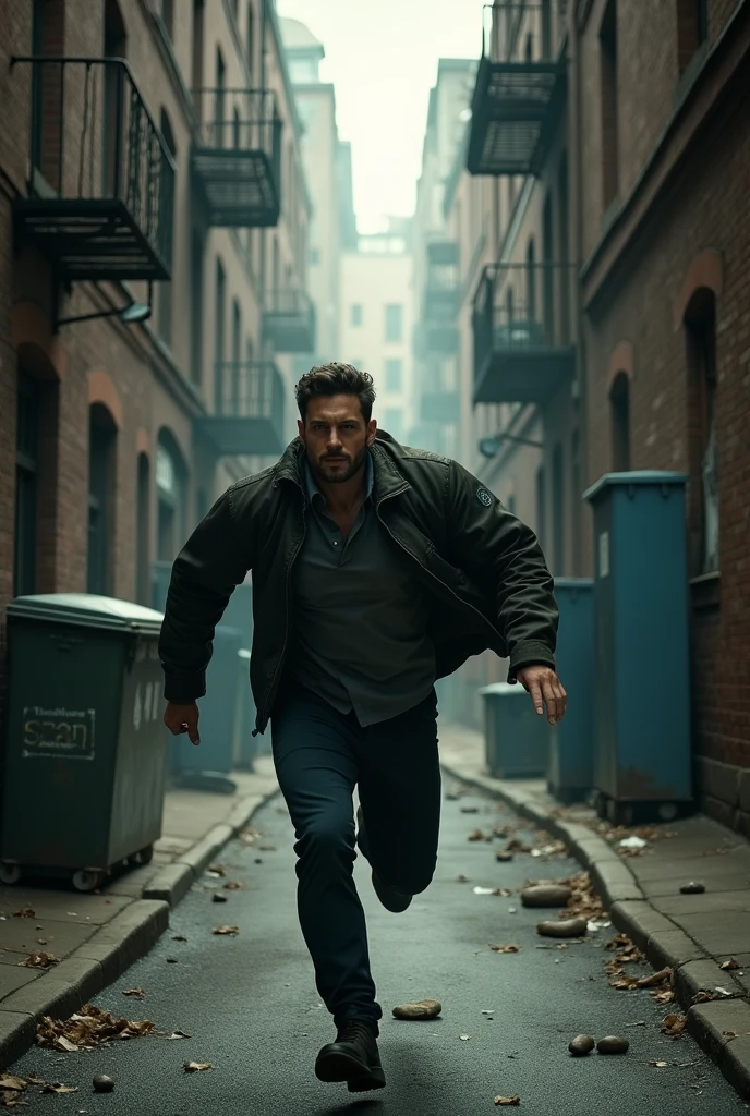 Generates an image where a man is running through several alleys