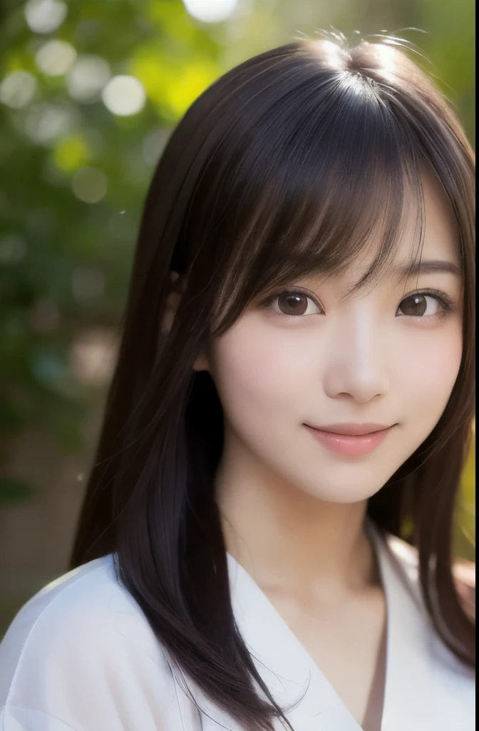 best quality, face focus, soft light, ultra high res, (photorealistic:1.4), RAW photo, (fair skin), (kawaii),
1 Japanese girl, solo, cute, smile, (pupil, lights in the eyes), detailed beautiful face, Medium-sized breasts,(high resolution detail of human skin texture),(long hair),(portrait), upper body, white traditional kimono