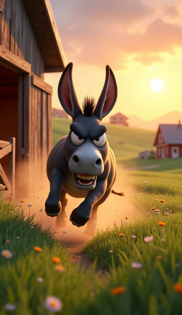 Draw an angry donkey rushing out of the stable towards the field on a farm. The farm should be picturesque and detailed, with green fields and a sunrise sky with soft orange and pink tones, in a 3D animated style.