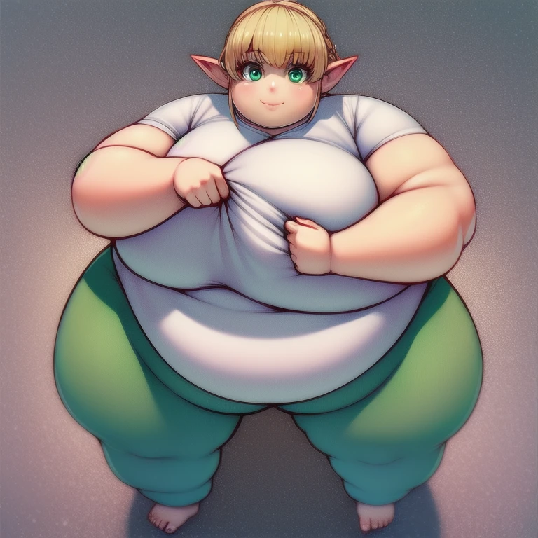 4K, high quality, 1 solo girl, detailed big eyes, obese erufuda, short hair, pointy ears, blonde hair, (green eyes:1.5), perfect body, white shirt, green pants, barefoot, braid, big butt, big breasts, cute, thick thighs, smile, POV,squeezing the belly