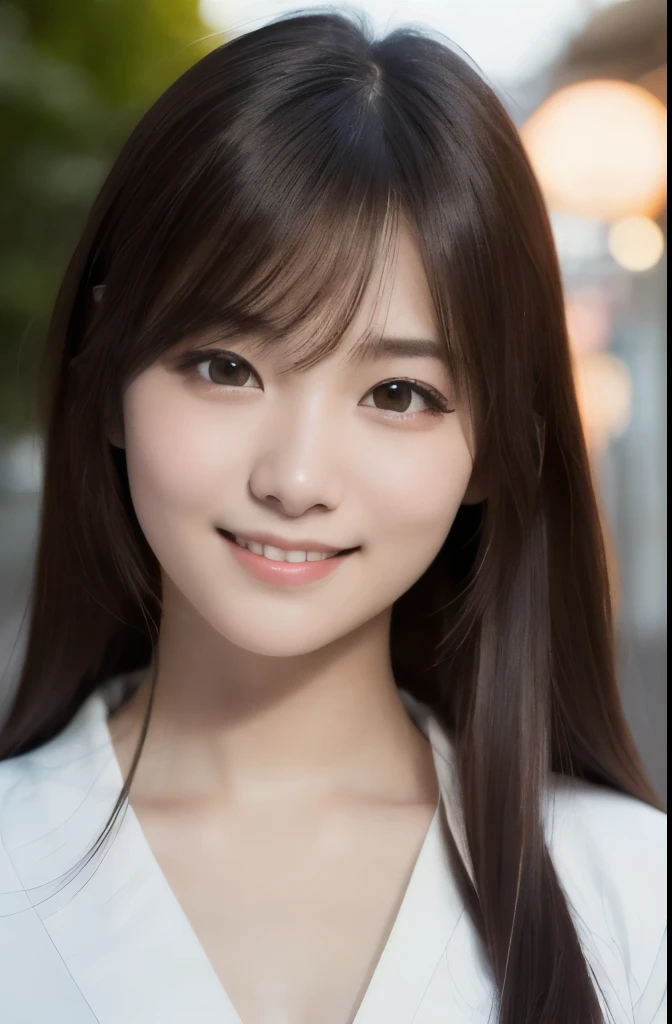 best quality, face focus, soft light, ultra high res, (photorealistic:1.4), RAW photo, (fair skin), (kawaii),
1 Japanese girl, solo, cute, smile, (pupil, lights in the eyes),  detailed beautiful face, Medium-sized breasts,(high resolution detail of human skin texture),(long hair),(portrait), upper body, white traditional kimono