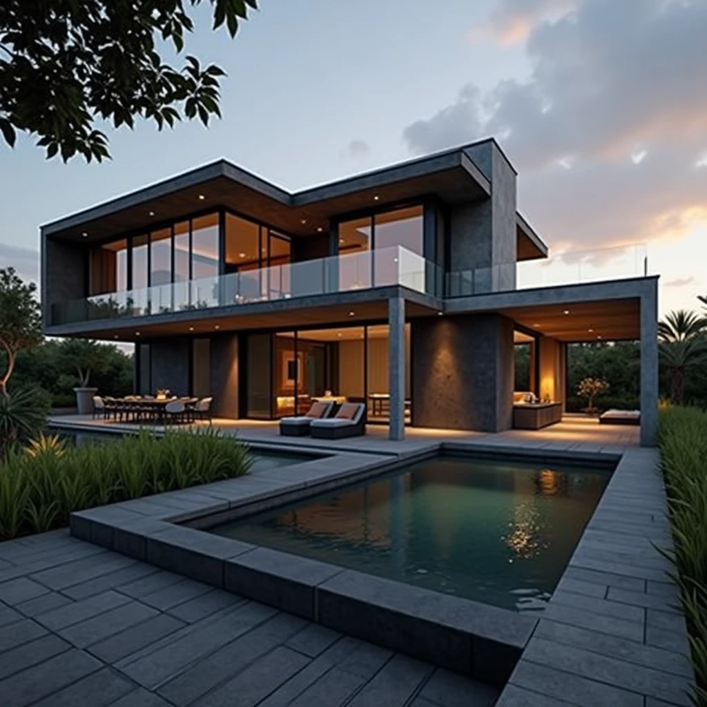 RAW photo,Masterpiece, high quality, best quality, realistic, super detailed, exterior, a modern style villa(Minimalist lines,Architecture: Using minimalist lines and shapes learn clearly. Materials: Combination of glass, concrete, and natural wood. Open space: The living room and kitchen are connected, using large glass doors to take advantage of natural light. Outdoor area: Small swimming pool and green garden with native plants. modern:1.2),(white wall:1.1), glass railings, glass windows, trees, grass , ((sunset)), sky, vivid colors, (high detail :1.2), 8k uhd, dslr, soft light, high quality, film grain, Fujifilm XT3Negative