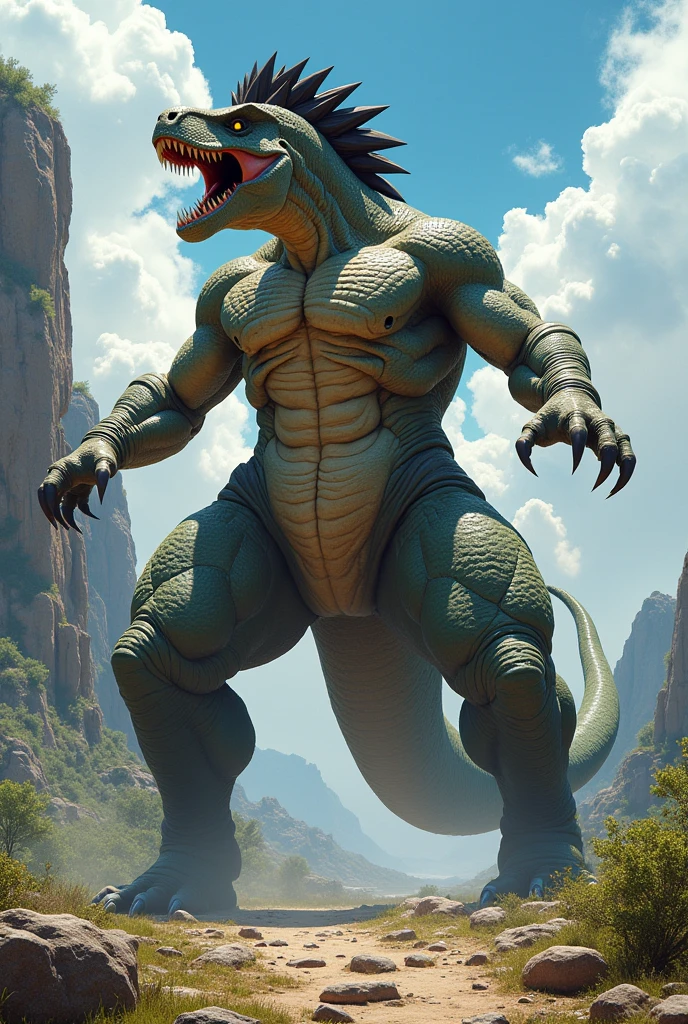 Sky Blue Lizardman、Abnormally large penis、Abnormally large male genitalia、Abnormally large scrotum、Huge hairy testicles、Is ejaculating、Semen spurting out of penis、A lizardman with sky-blue shining scales、Sideways face、Sideways body、Pose with hips thrusting forward、Chest-back pose、Big fangs、Deformed face、Round face、saliva、Golden Mane、Very small head、Sky blue crocodile-like scales、Top-down composition、White Breath、Sharp toenails、Very angry look、Angry lizard face、Barking Lizard、Wide open green eyes、very fat belly、Obese lower abdomen、A body that fills the screen、Grassland Background、Clear skies、countryside、Glitter effect